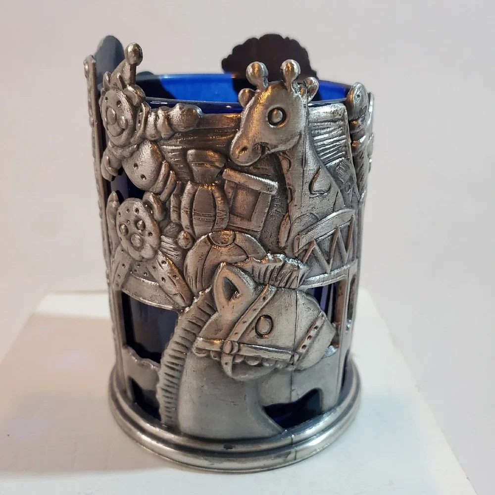 ROC Pewter Santa Christmas Votive Candle Holder w/Cobalt Glass Liner 3